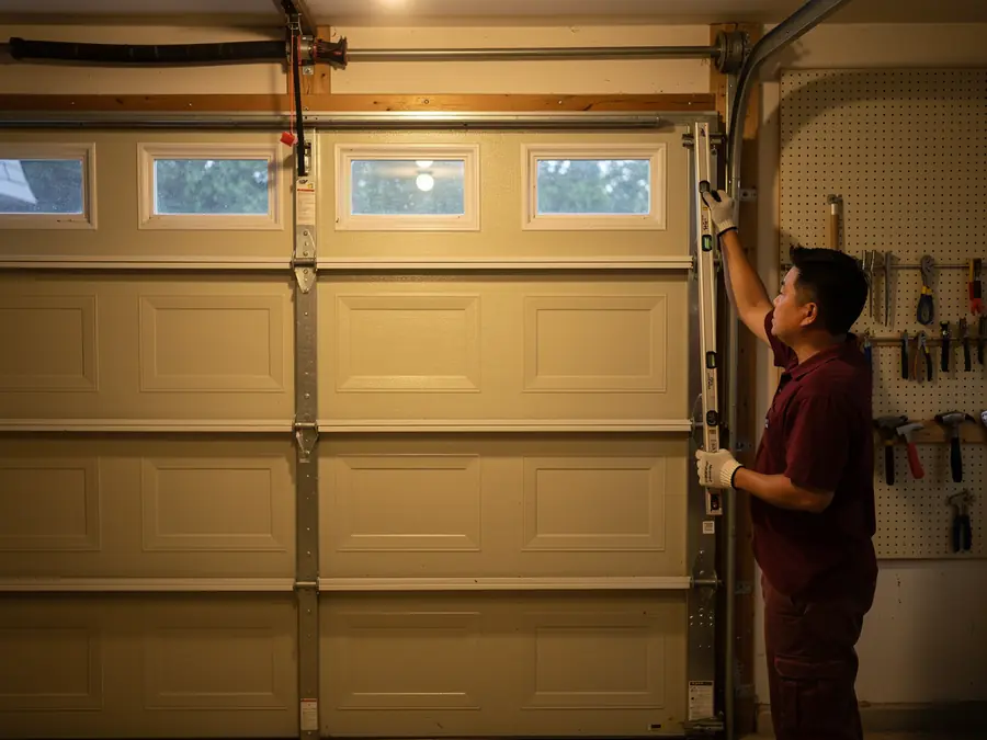A technician uses a level to check the garage door track.