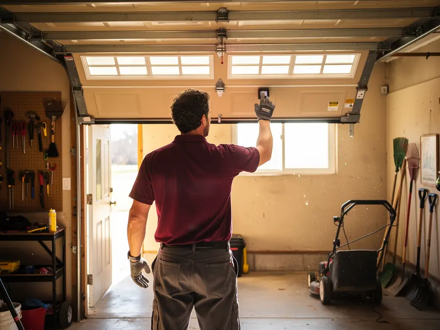 A technician in a garage adjusts a partially open garage door.