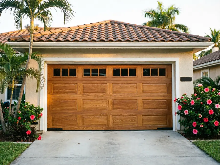 A wooden garage door with windows is on a house with a tiled roof.