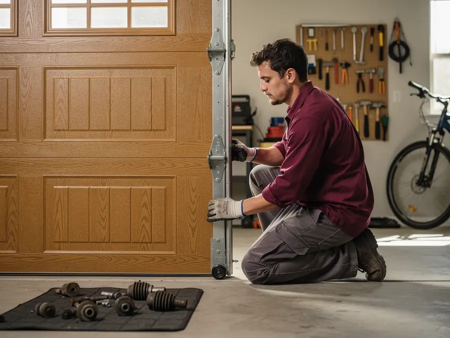 A technician kneels to work on the bottom of a brown garage door.
